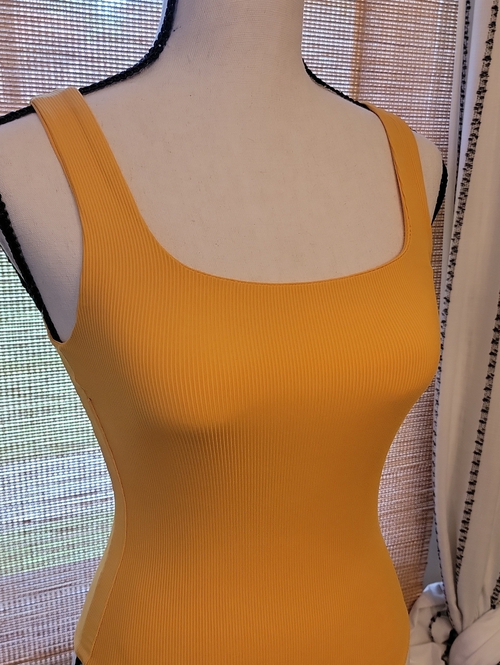 House of Harlow 1960 Ribbed Mustard Square-Neck Thong Bosysuit